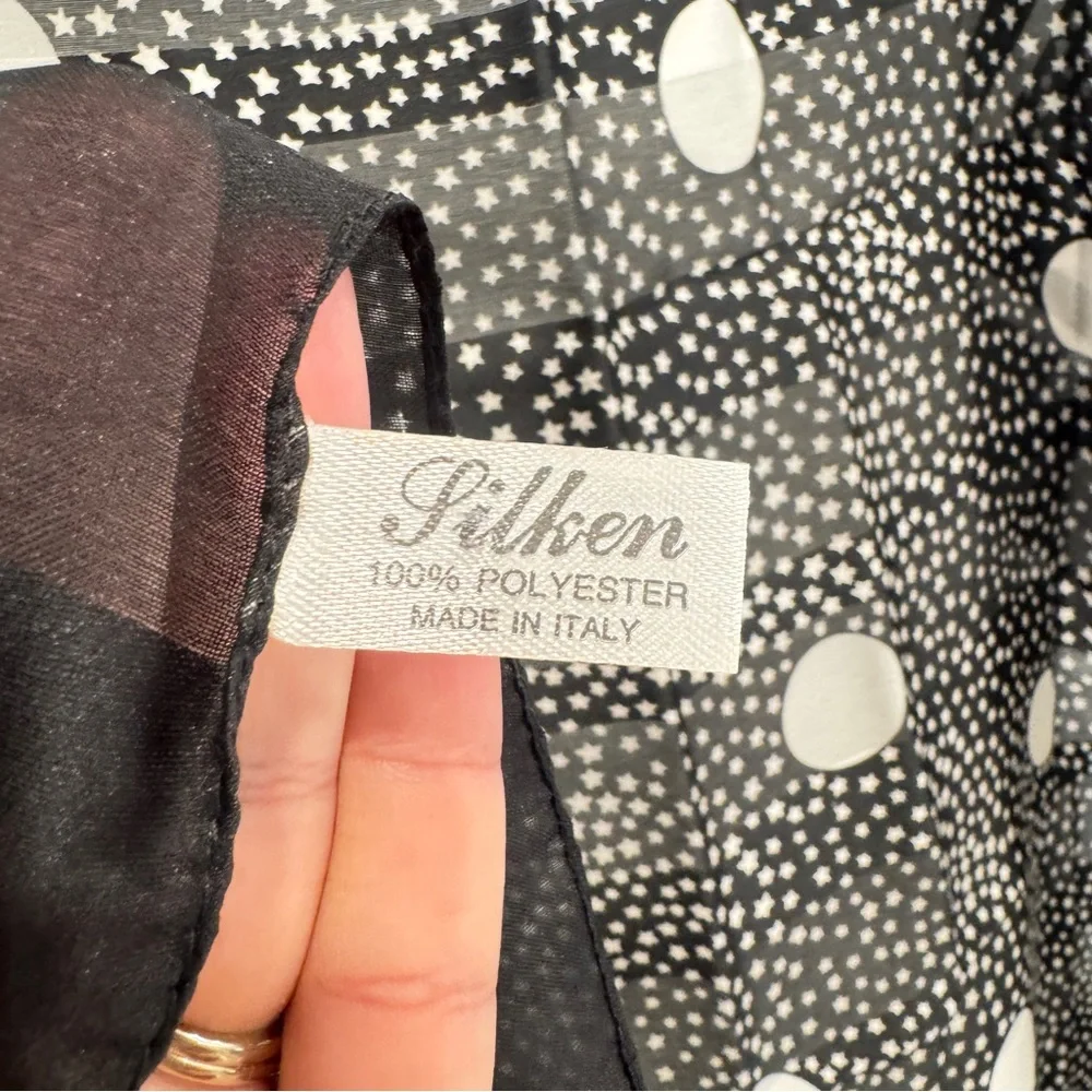 Silken Celestial Scarf Black White Moon Stars Sheer Italy Made Whimsigoth Witchy